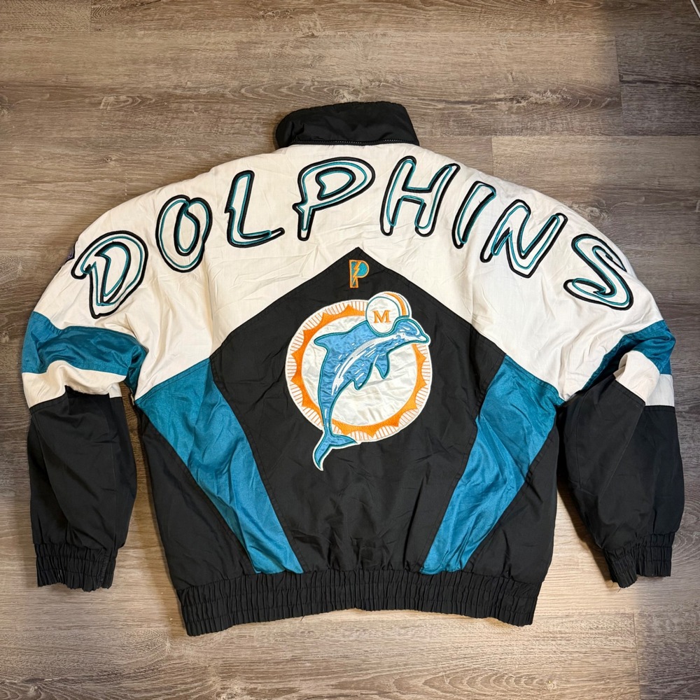 Vintage Miami Dolphins Pro Player Puffer Jacket NFL 75th Anniversary Mens Small